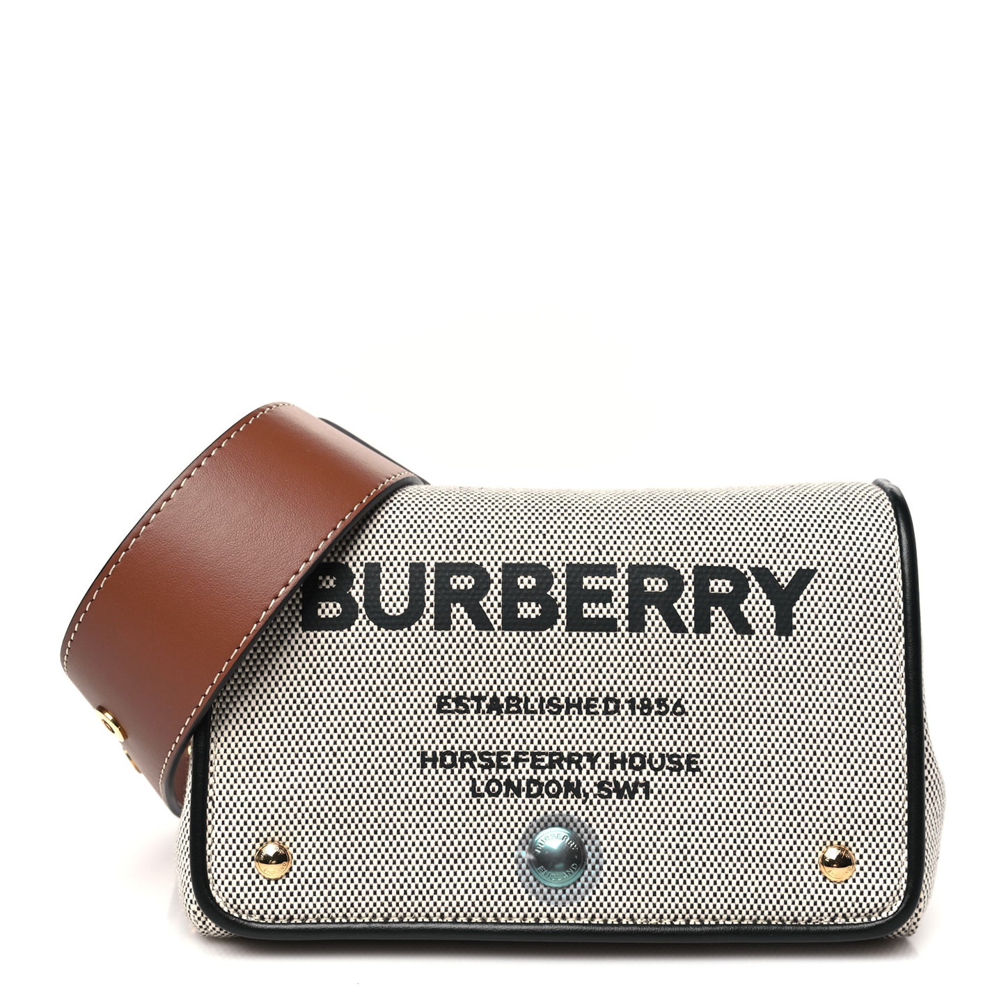 Cotton Canvas Horseferry Print Small Crossbody Bag Grey Tan