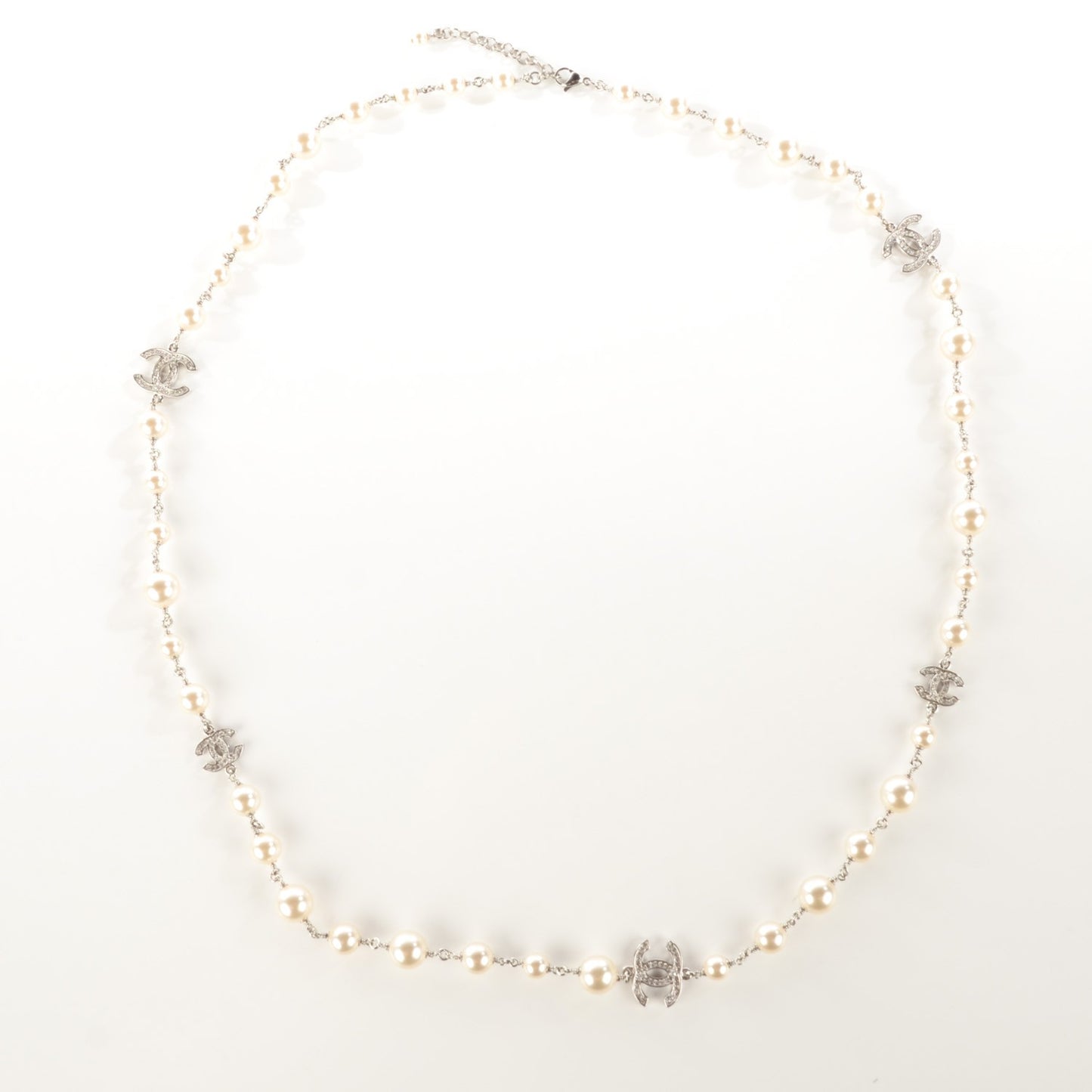 Crystal Pearl CC Long Necklace Silver
