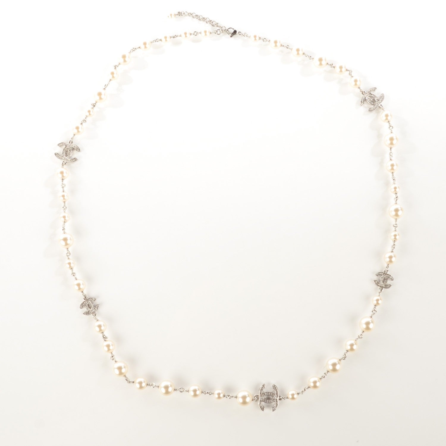 Chanel Crystal Pearl CC Long Necklace Silver 3 of 7