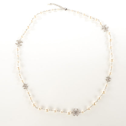 Chanel Crystal Pearl CC Long Necklace Silver 3 of 7