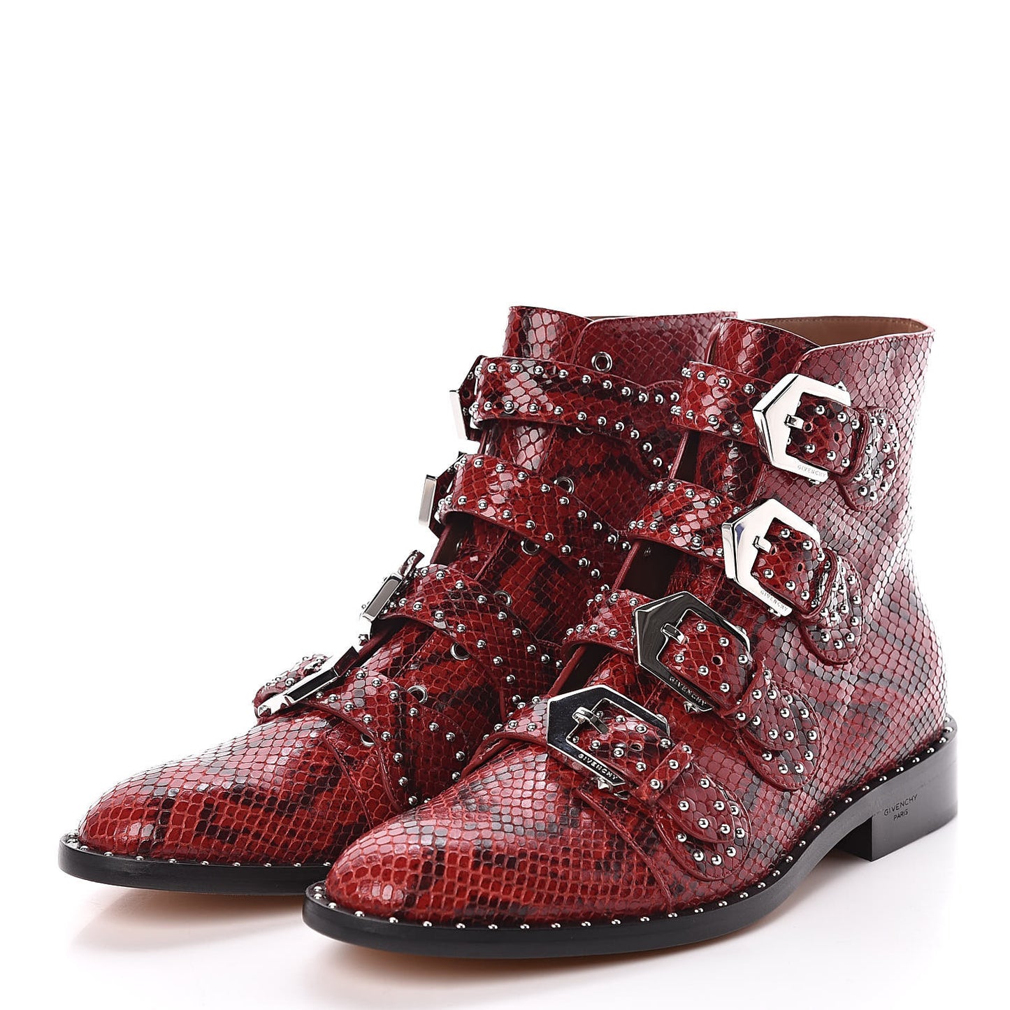 Calfskin Python Embossed Studded Elegant Flat Ankle Bootie 38 Red