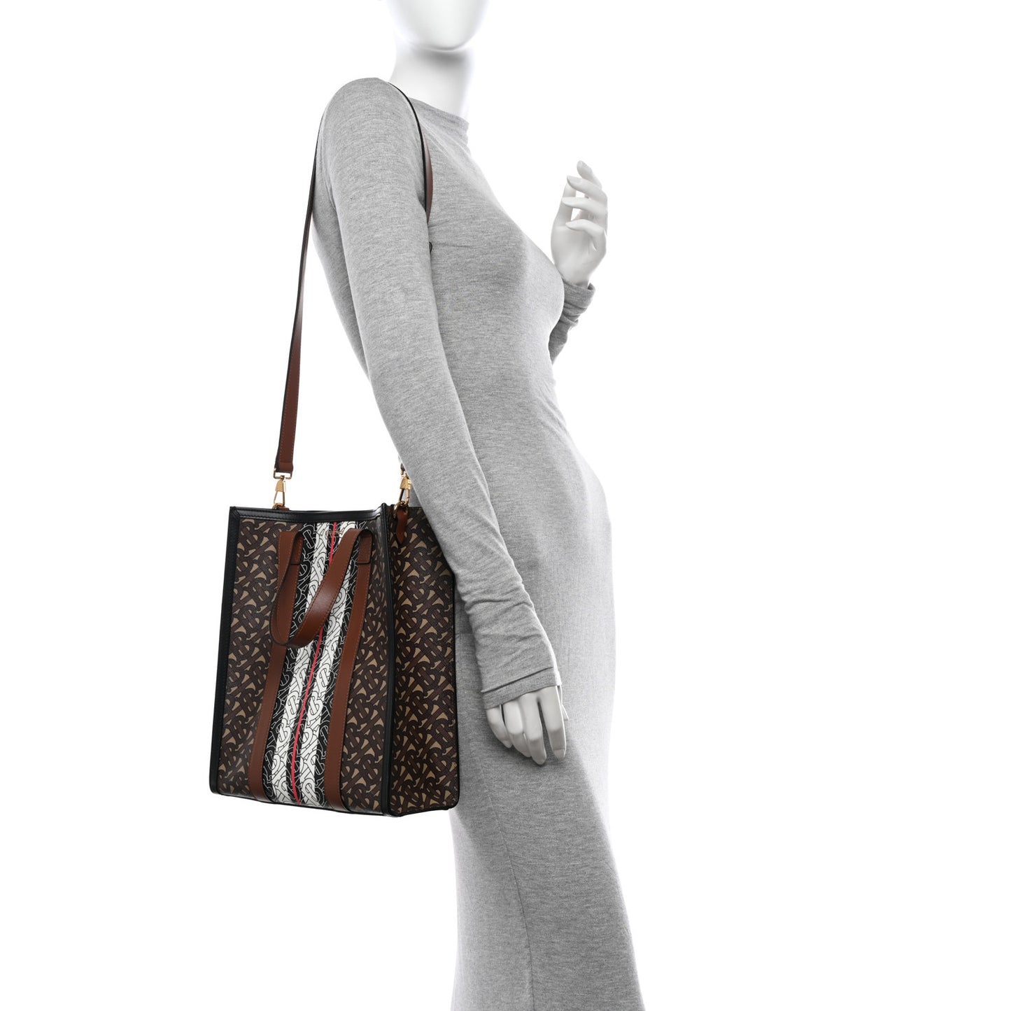 E-Canvas Monogram Stripe Portrait Tote Bag Bridle Brown