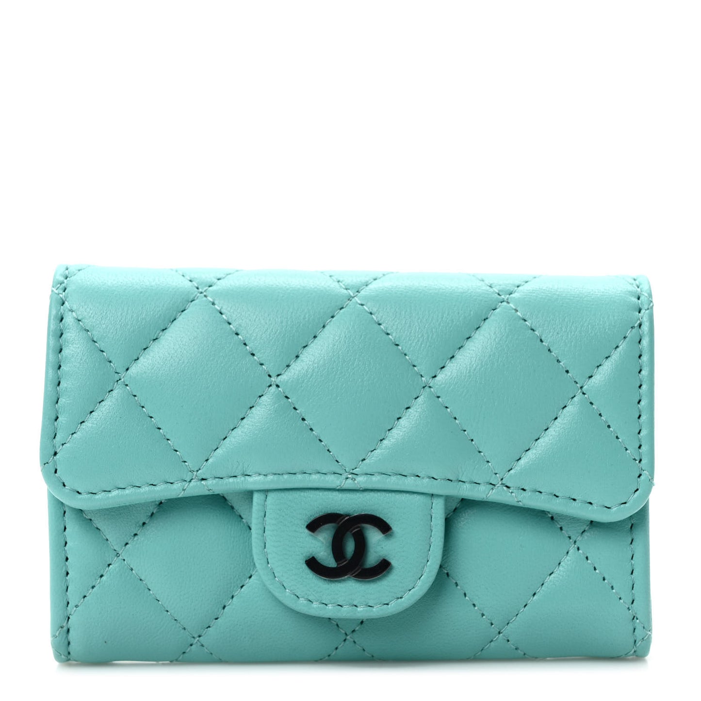 Lambskin Quilted Flap Card Holder Wallet Turquoise