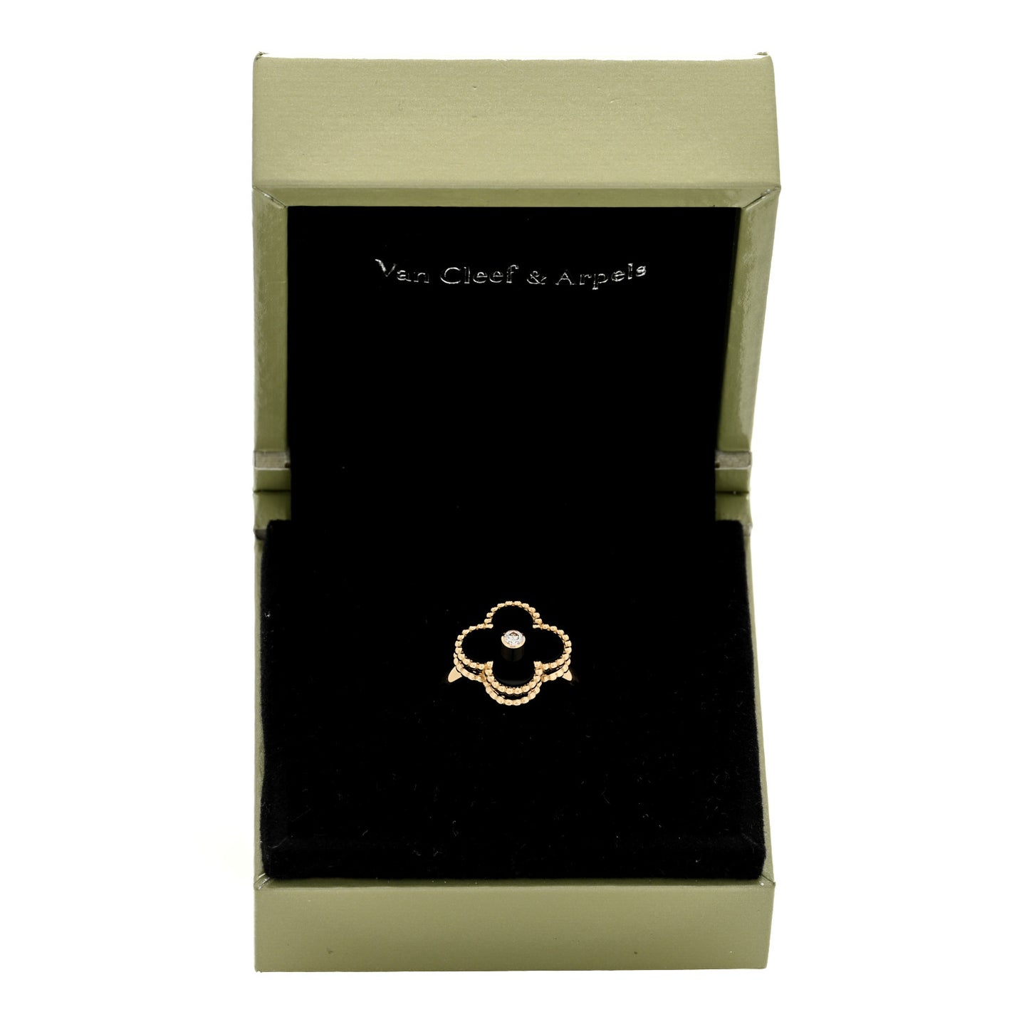 18K Yellow Gold Black Onyx Diamond Vintage Alhambra Ring 51 5.75