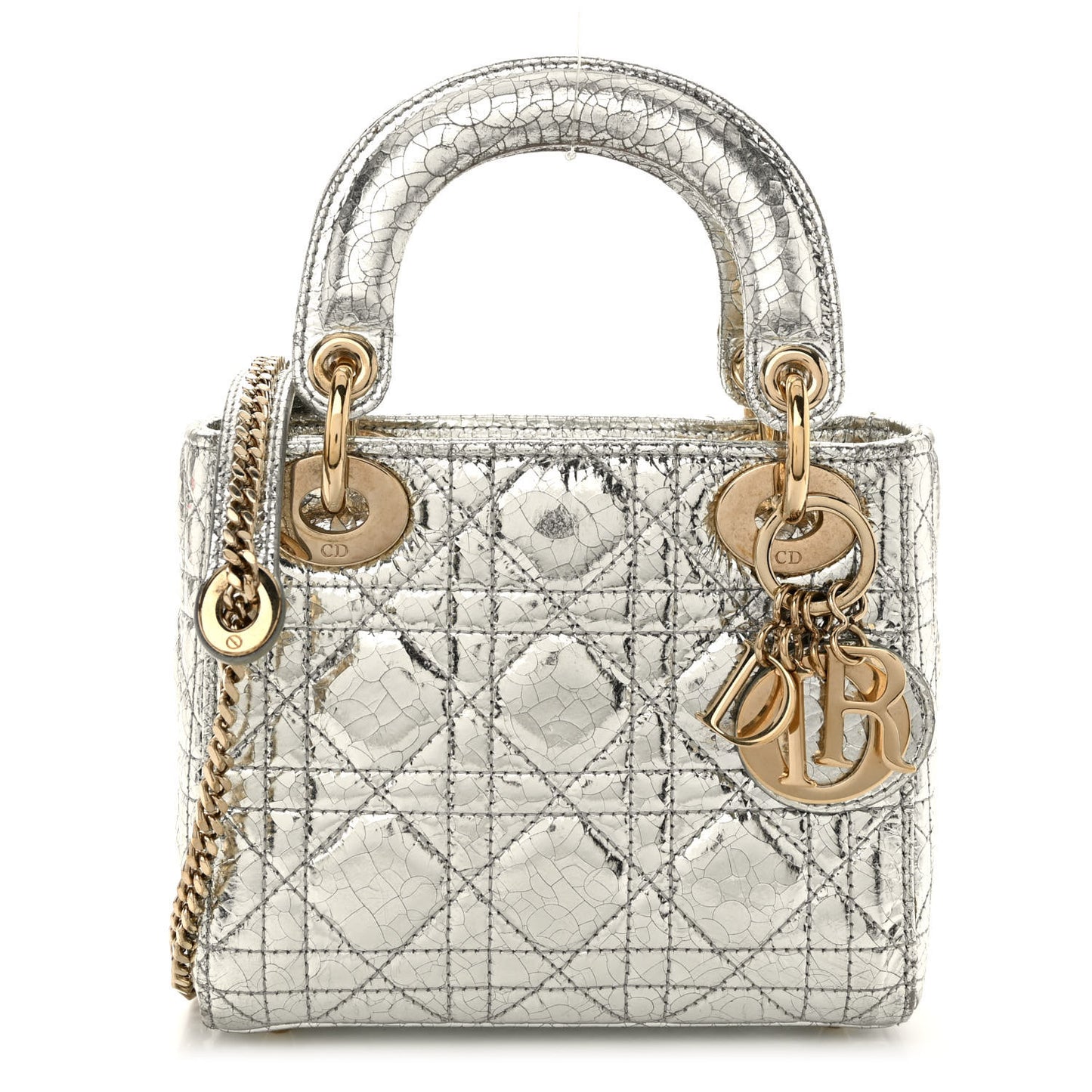 Metallic Crinkled Cannage Micro Lady Dior Silver