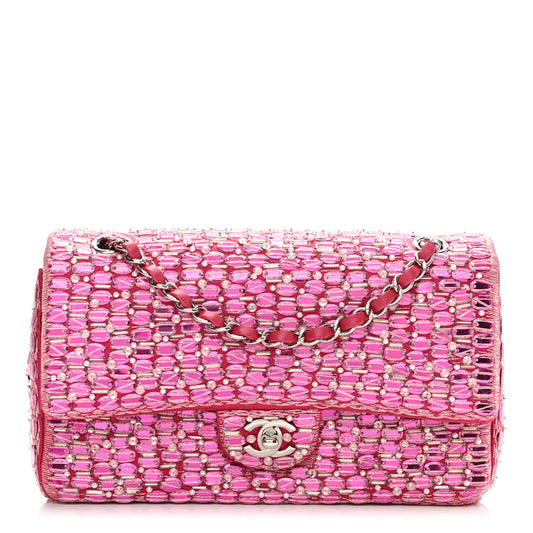 Satin Pearl Beaded Medium Flap Pink