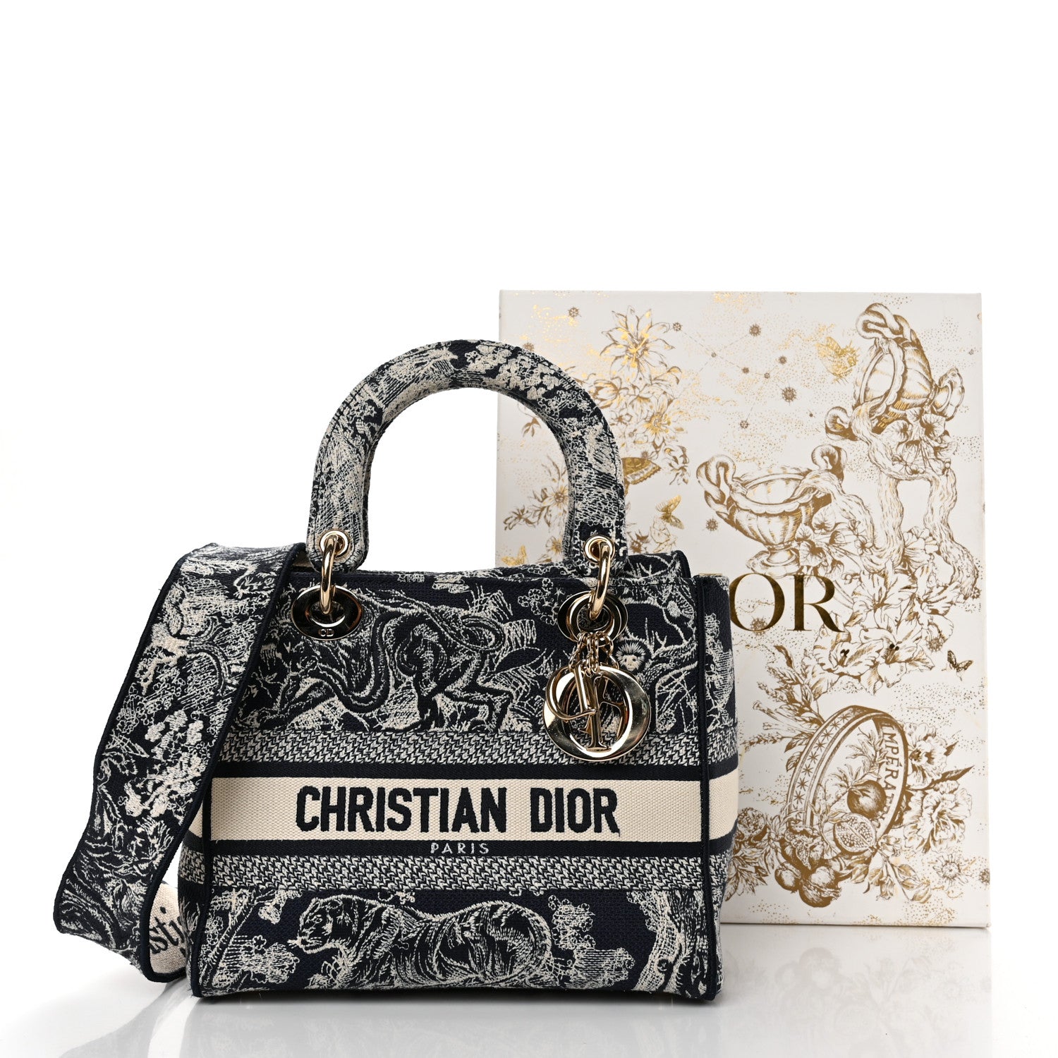 Christian Dior Canvas Toile De Jouy Reverse Embroidered Medium Lady D-Lite Navy 11 of 11