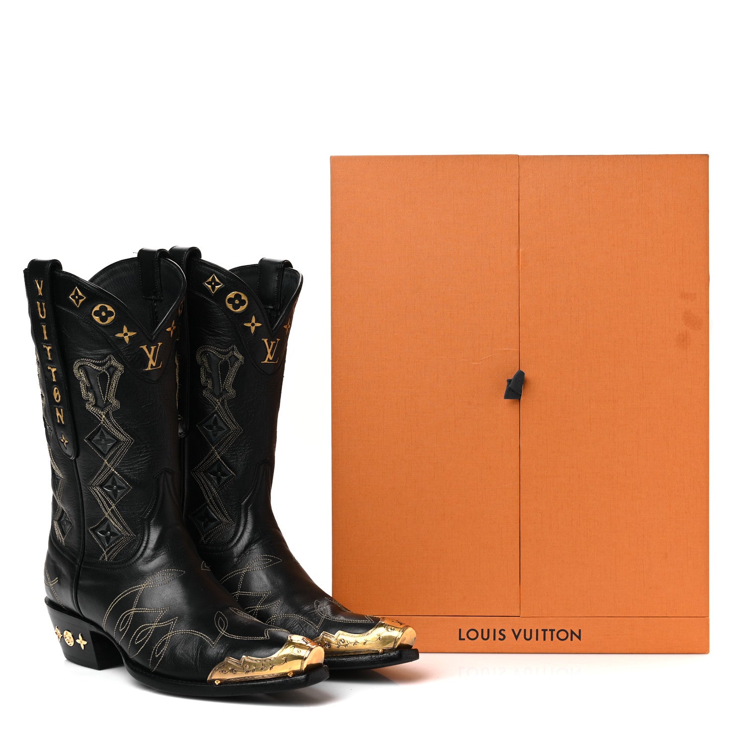 Louis Vuitton Calfskin LV Texan Mens Rider Boots 7.5 Black Gold 11 of 11