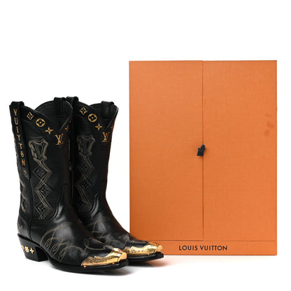Louis Vuitton Calfskin LV Texan Mens Rider Boots 7.5 Black Gold 11 of 11