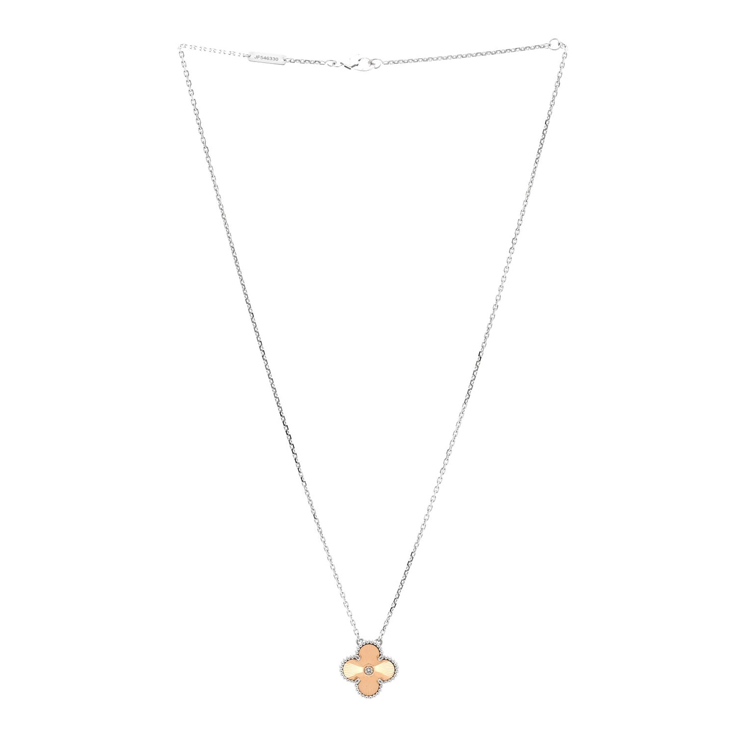18K White Rose Gold Diamond Guilloche Vintage Alhambra Pendant Necklace