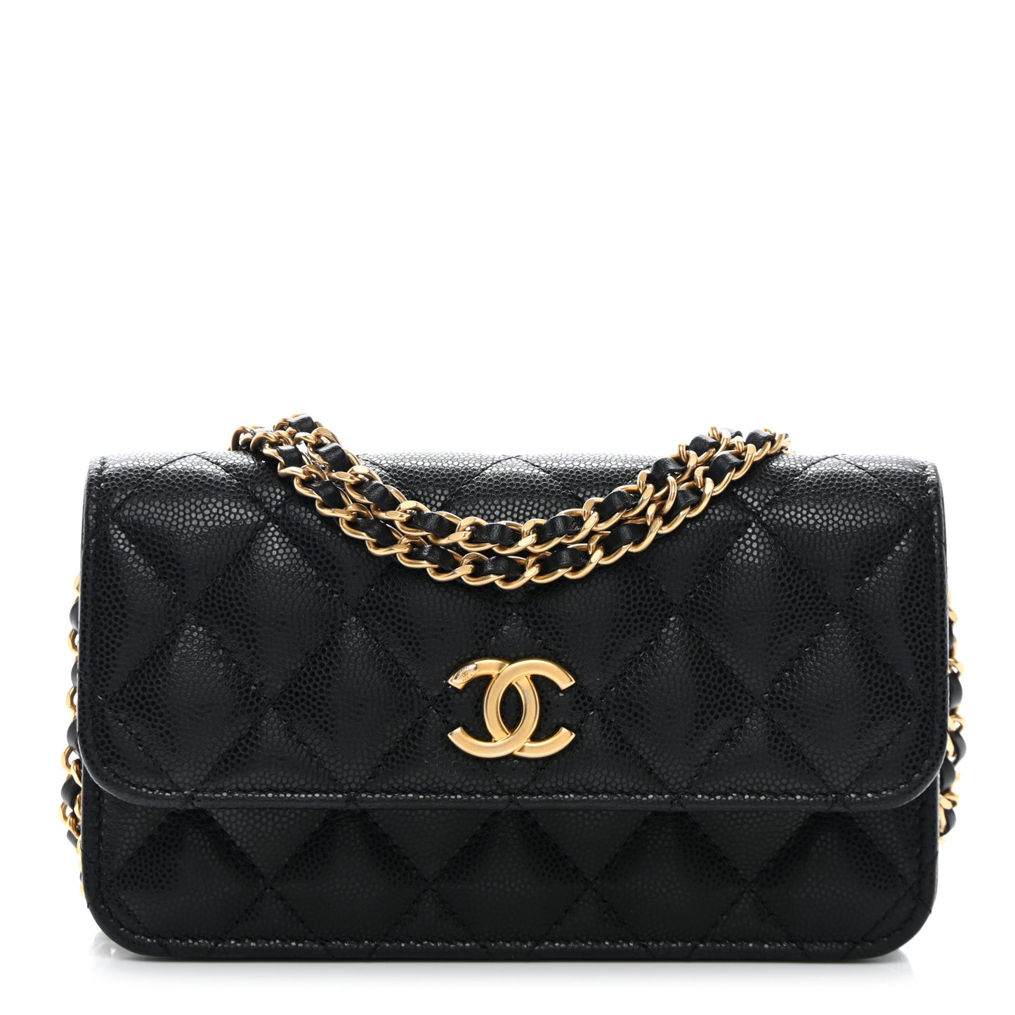 Caviar Quilted Flap Phone Holder With Chain Black
