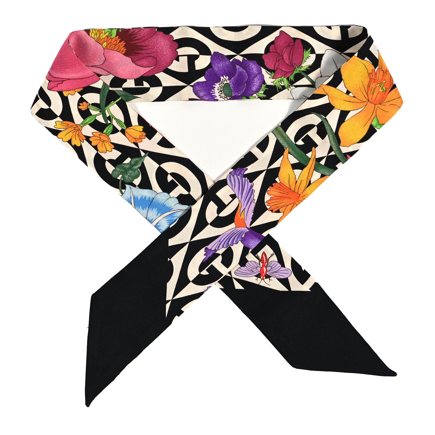Silk Twill G Rhombus Flora Print Neck Bow Scarf Ivory Black