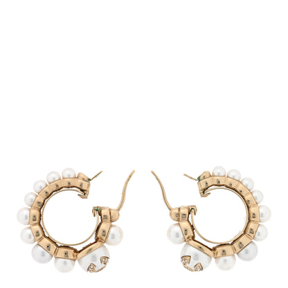 Chanel Crystal Pearl CC Hoop Earrings Gold White 3 of 5