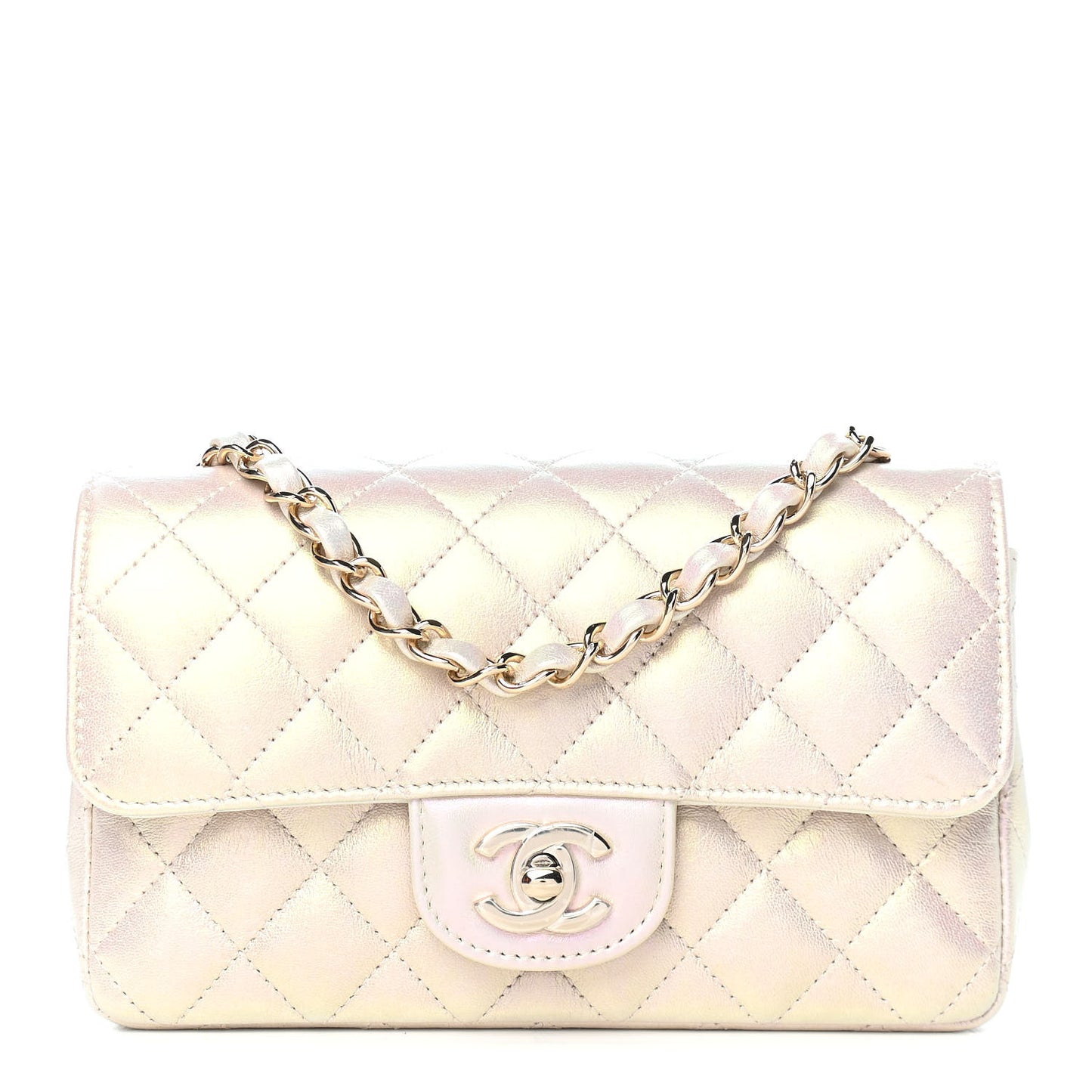Iridescent Lambskin Quilted Mini Rectangular Flap Ivory