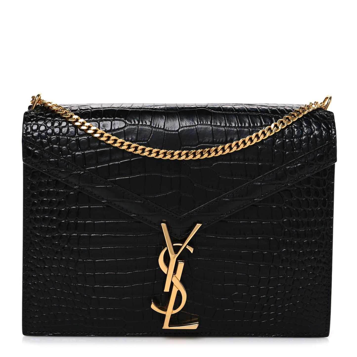 Calfskin Crocodile Embossed Monogram Cassandra Clasp Bag Black