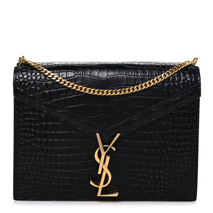 Saint Laurent Calfskin Crocodile Embossed Monogram Cassandra Clasp Bag Black 1 of 11