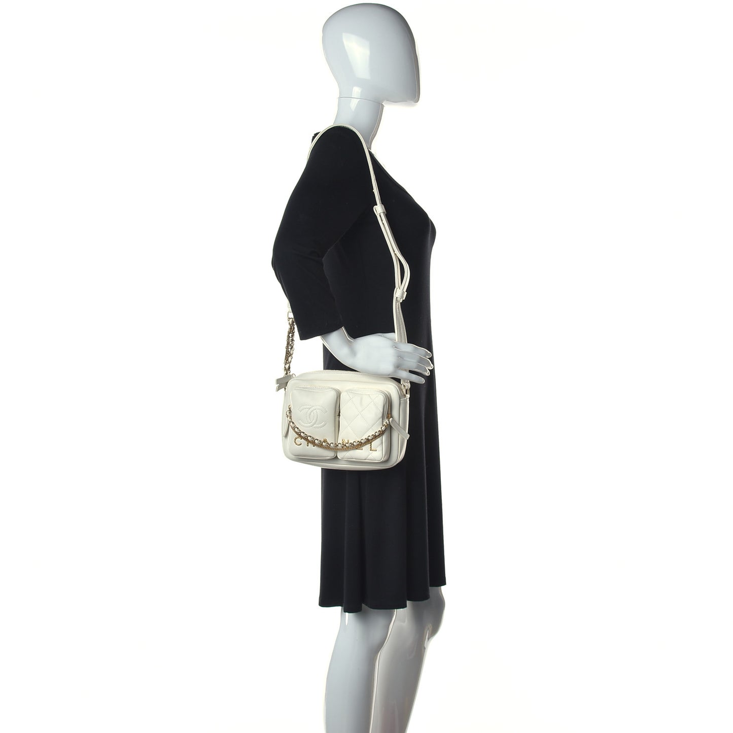 Calfskin Quilted Small Camera Case White