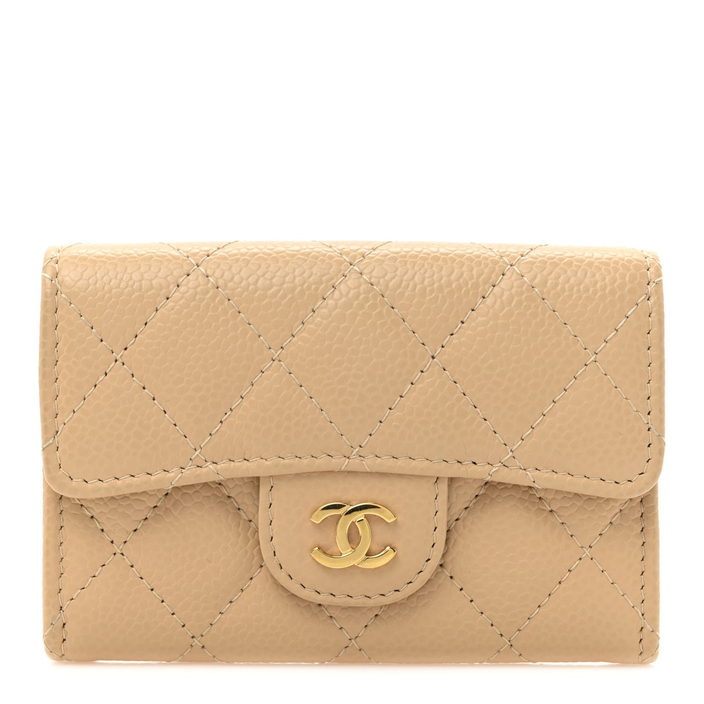 Caviar Quilted Flap Card Holder Wallet Beige