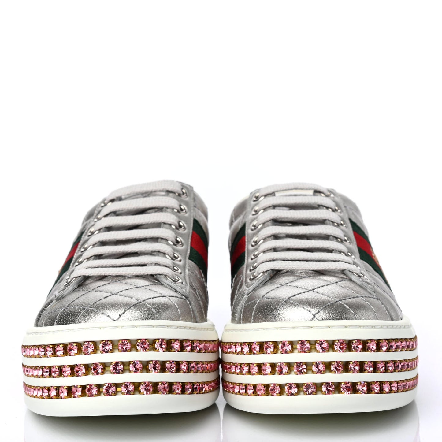 Laminated Nappa Crystal Web Bee Embroidered Trapuntata Womens Ace Platform Sneakers 34 Argento