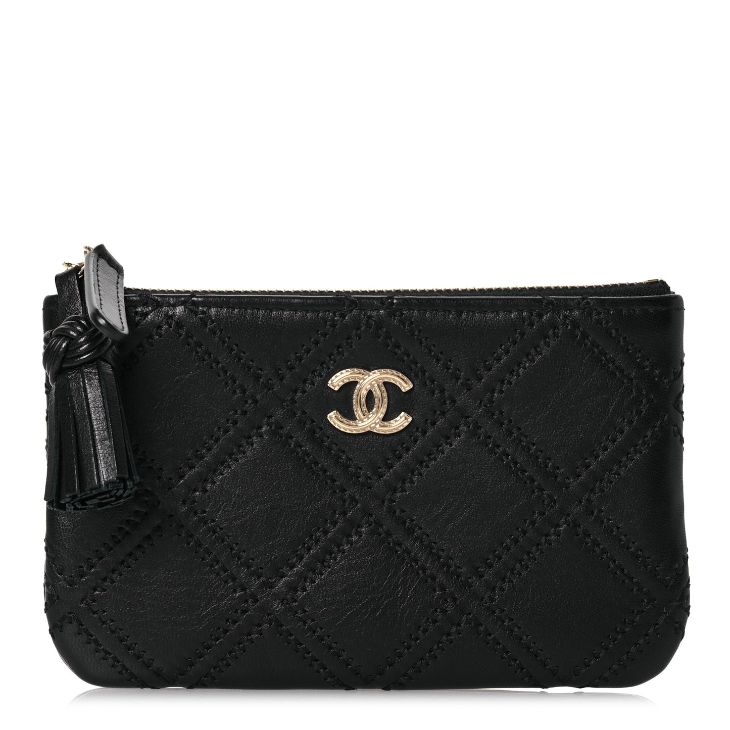 Lambskin Stitched Small Cosmetic Case Black
