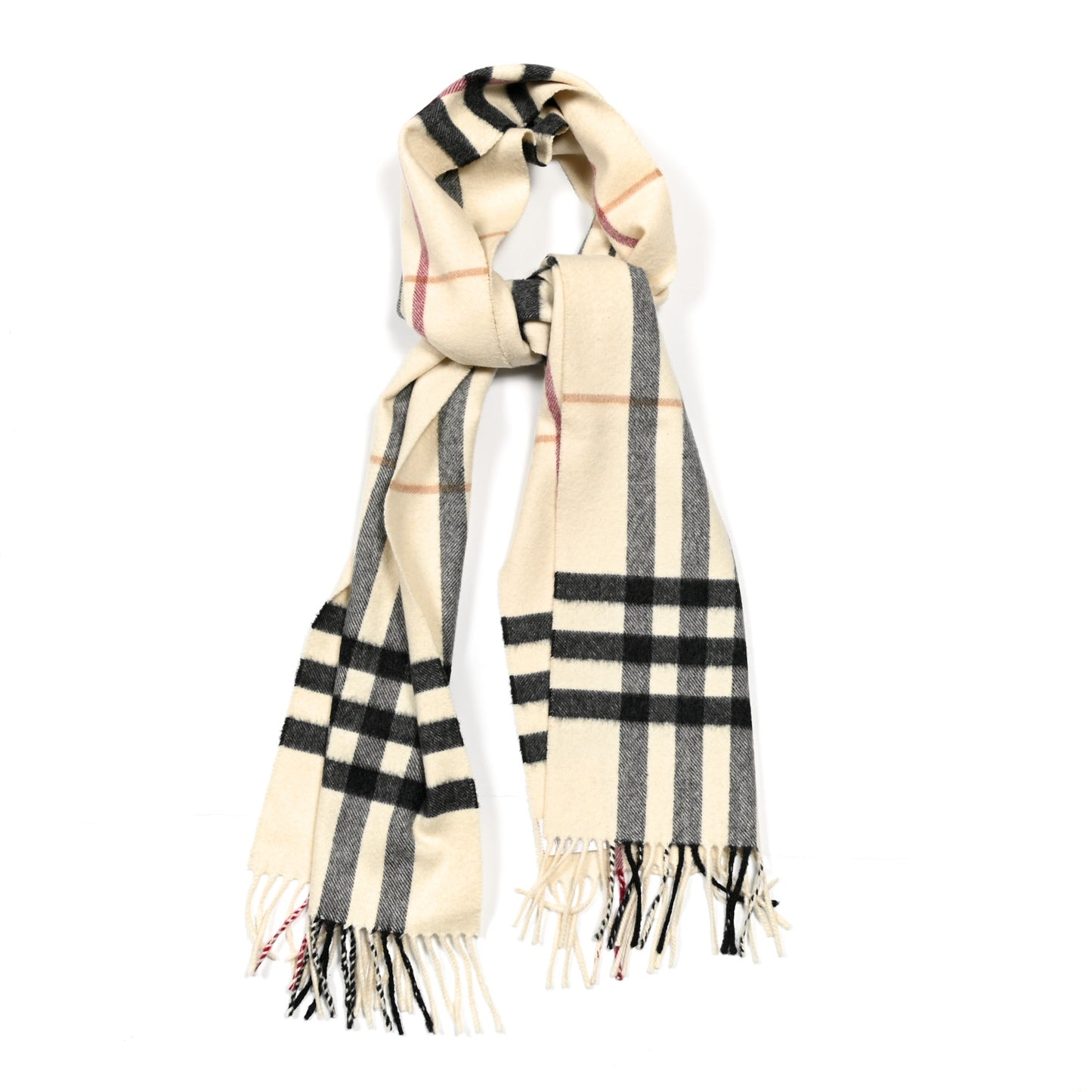 Cashmere Giant Check Fringe Scarf Ivory