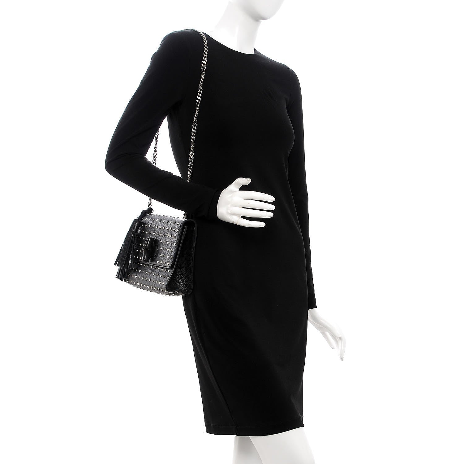 Gucci Calfskin Medium Studded Miss Bamboo Shoulder Bag Black 2 of 7
