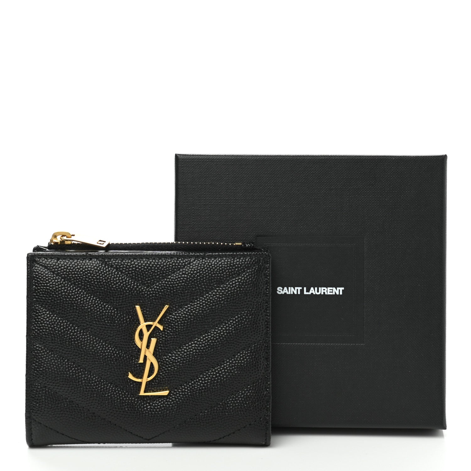 Saint Laurent Grain De Poudre Matelasse Chevron Monogram Zipped Card Case Black 9 of 9