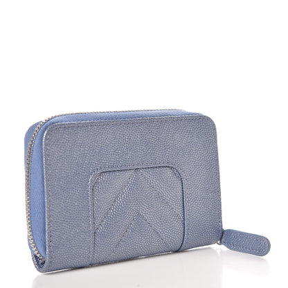 Chanel Metallic Caviar Chevron Quilted Vintage Mademoiselle Zip Coin Purse Light Blue 3 of 8