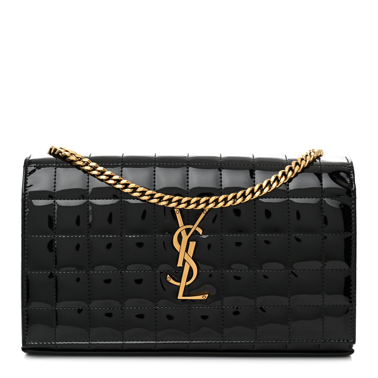 Patent Carre Quilted Cassandre Chain Wallet Black
