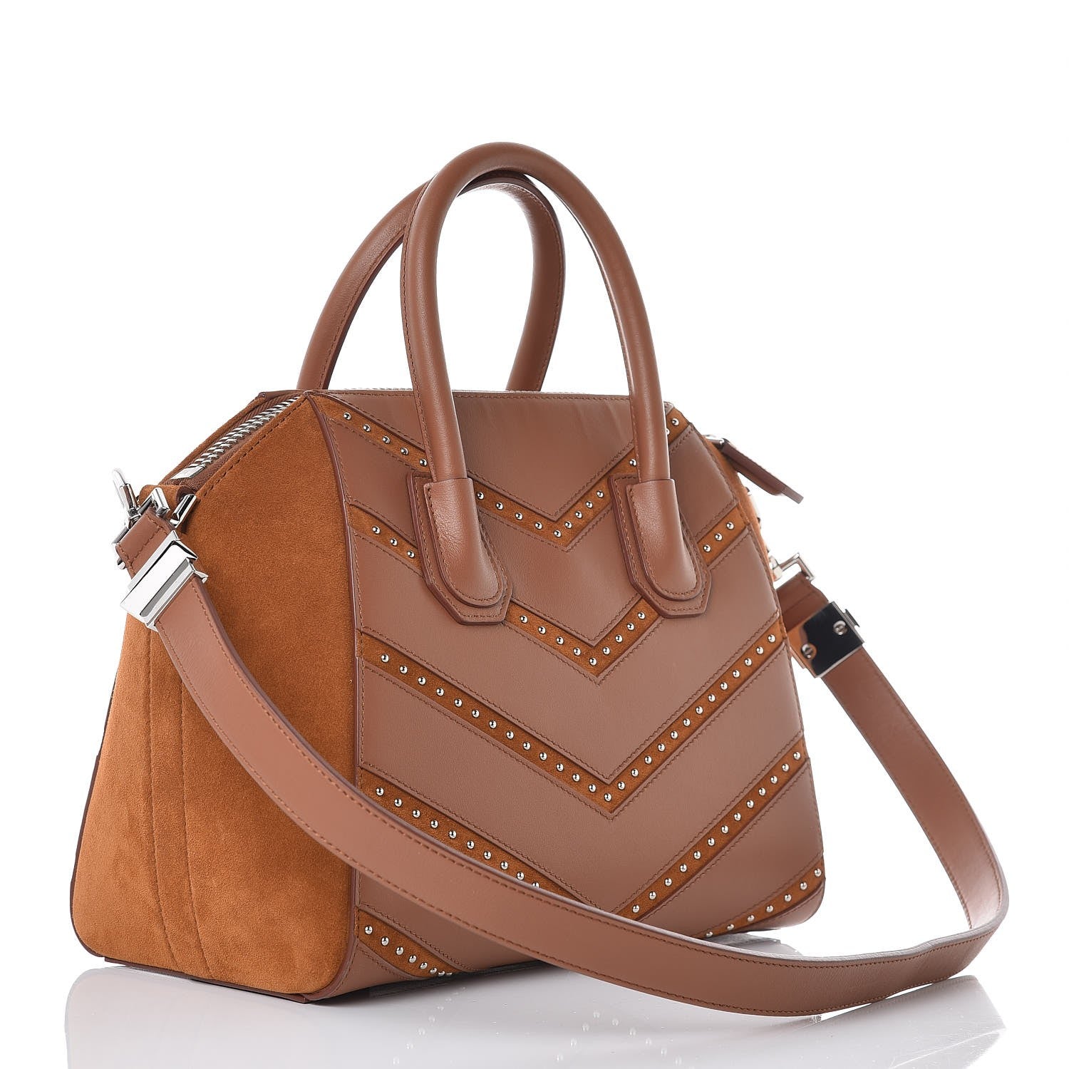 Givenchy Calfskin Suede Small Studded Chevron Antigona Cognac 3 of 10