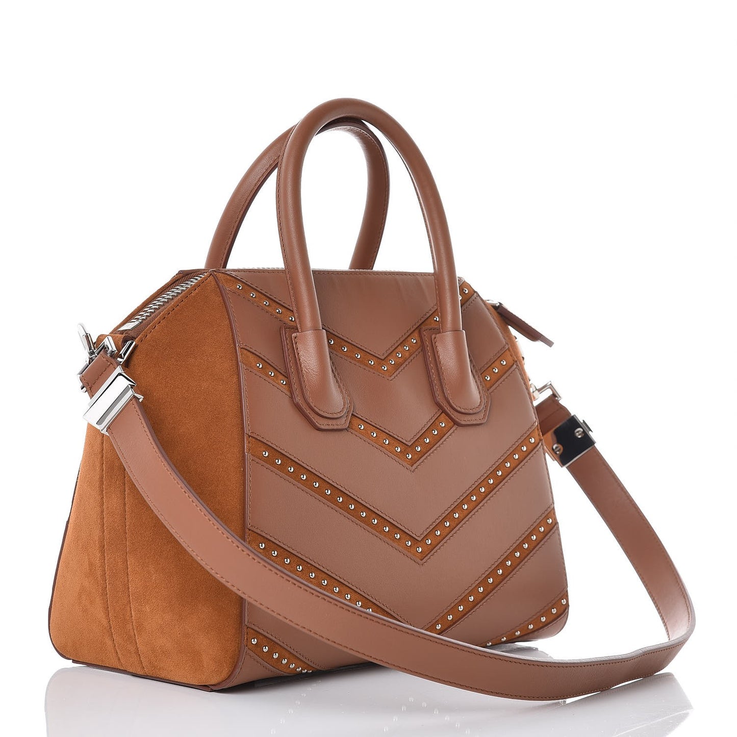 Calfskin Suede Small Studded Chevron Antigona Cognac