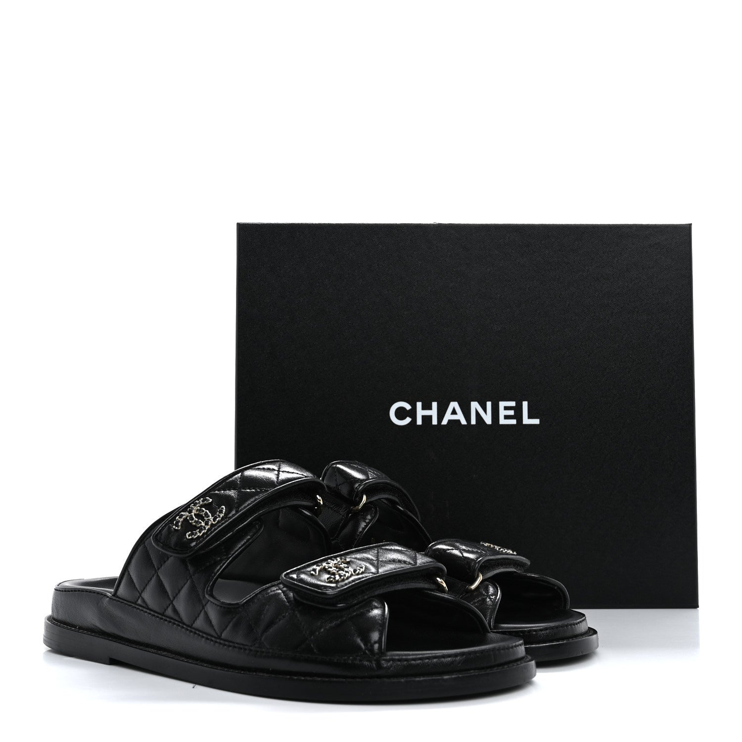 Chanel Lambskin Quilted Velcro Dad Chain CC Slide Sandals 39 Black 10 of 10
