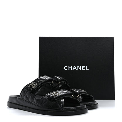 Chanel Lambskin Quilted Velcro Dad Chain CC Slide Sandals 39 Black 10 of 10