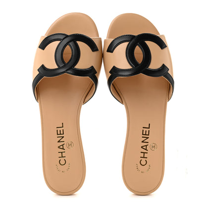 Chanel Lambskin CC Cutout Sandal Mules 37 Beige Black 2 of 10