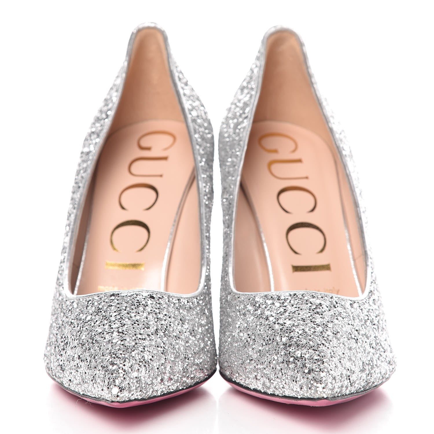 Gucci Nappa Silk Glitter Removable Crystal Heart Pumps 38.5 Argento 3 of 12