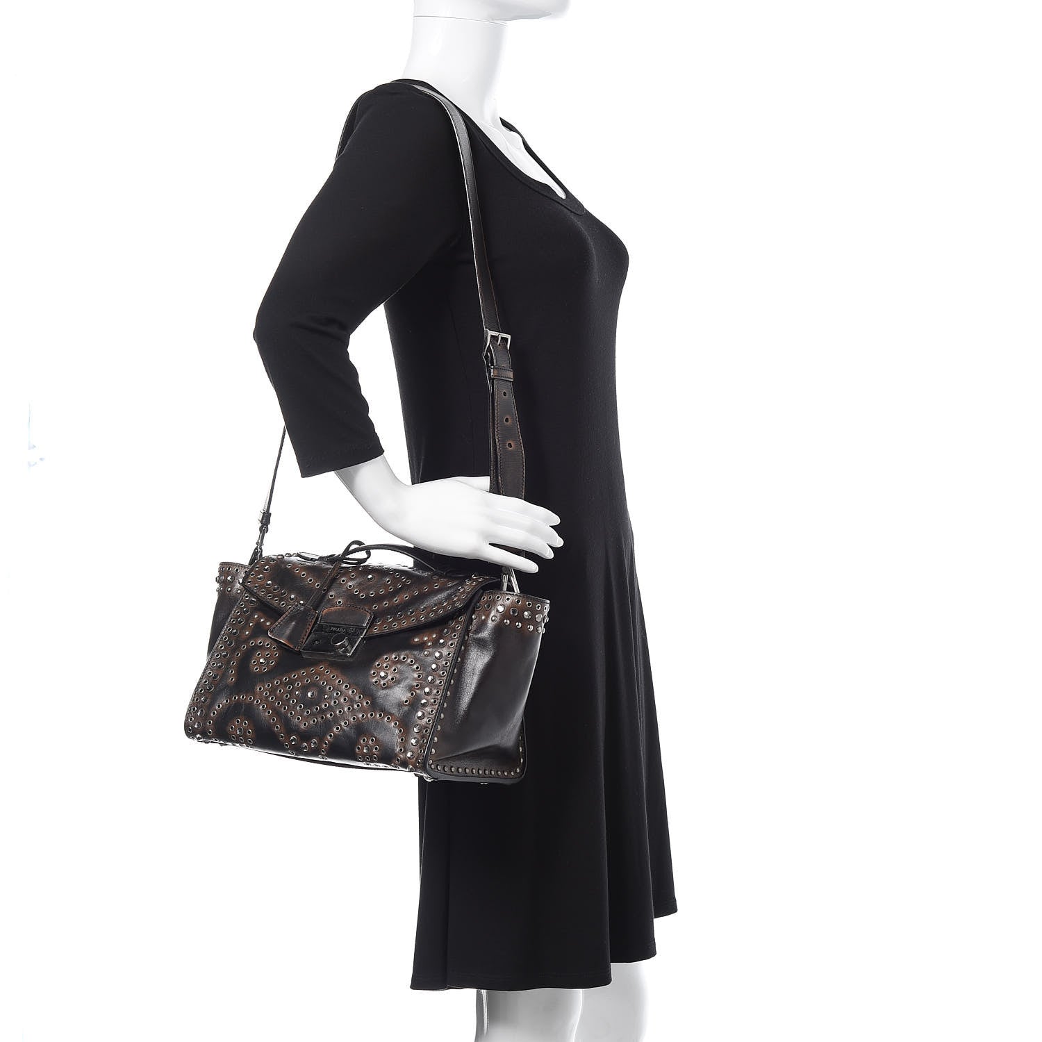 Prada Vitello Vintage Studded Sound Twin Pocket Satchel Ebano 2 of 17