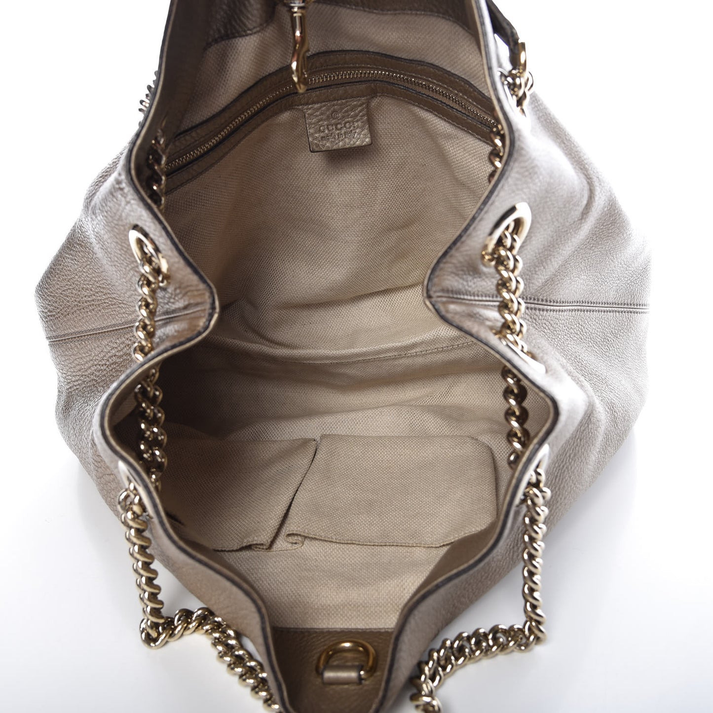 Metallic Pebbled Calfskin Medium Soho Chain Shoulder Bag Golden Beige