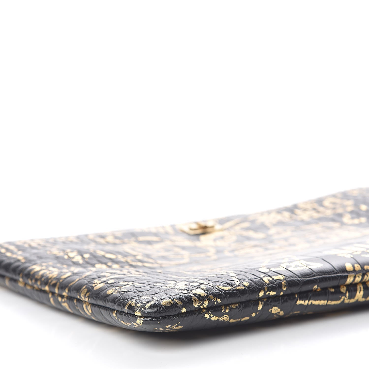 Chanel Calfskin Crocodile Embossed Graffiti 2.55 Large Cocodile Reissue Cosmetic Case Black Gold 8 of 11