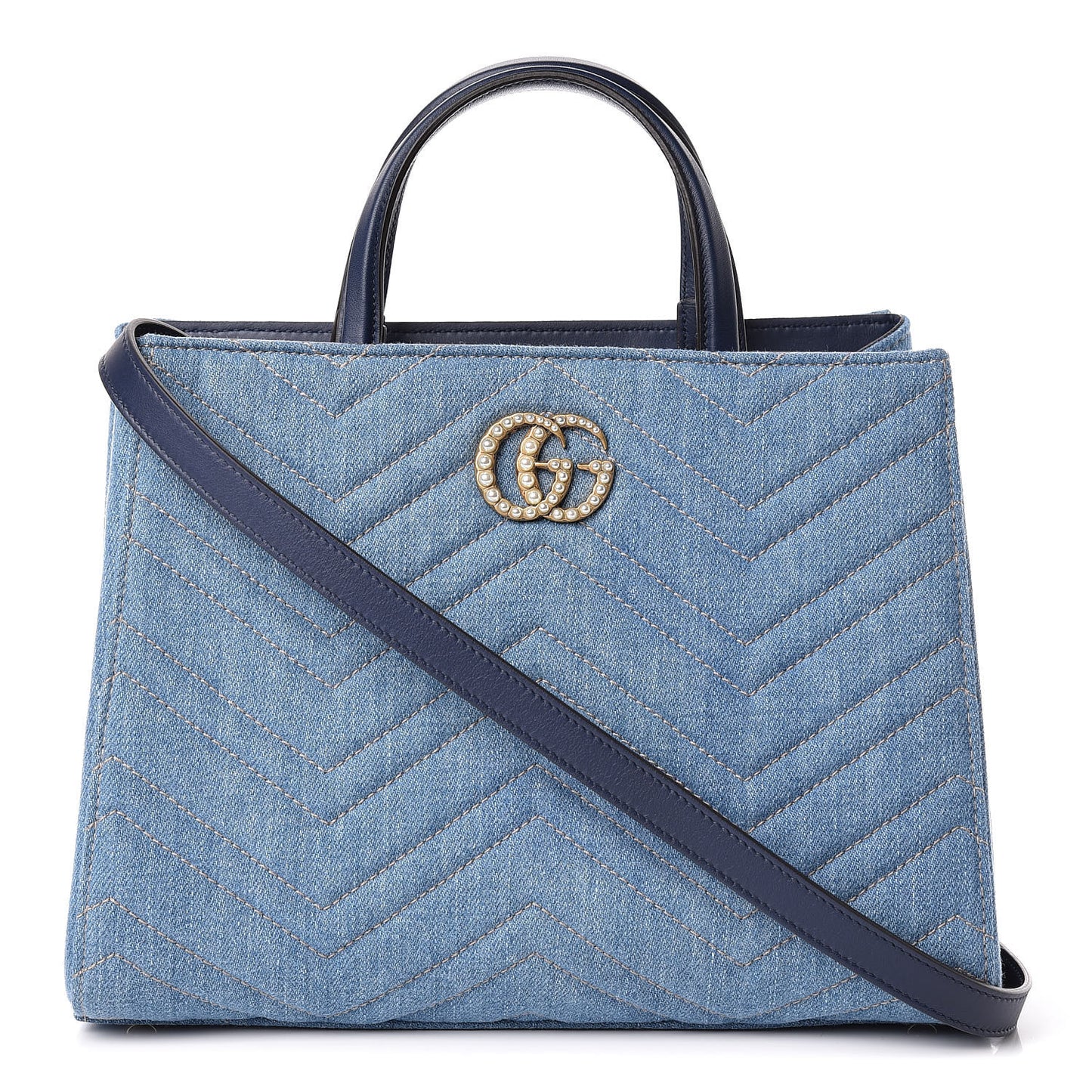 Denim Matelasse Small Pearly GG Marmont Tote Blue