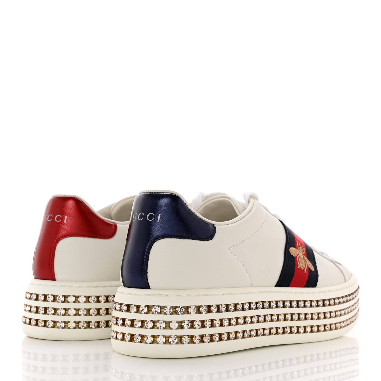 Calfskin Crystal Web Bee Embroidered Womens Ace Platform Sneakers 35.5 White