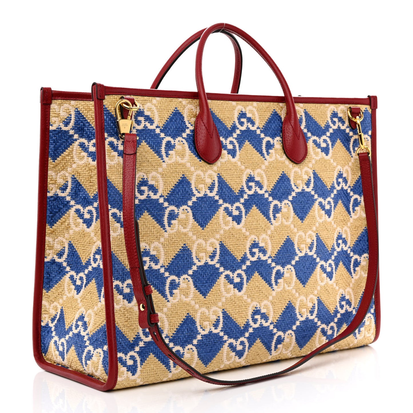 Raffia GG Monogram Hamptons Medium Tote Bag Beige Blue