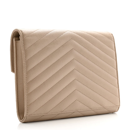Saint Laurent Grain De Poudre Matelasse Chevron Monogram Envelope Clutch Dark Beige 3 of 9