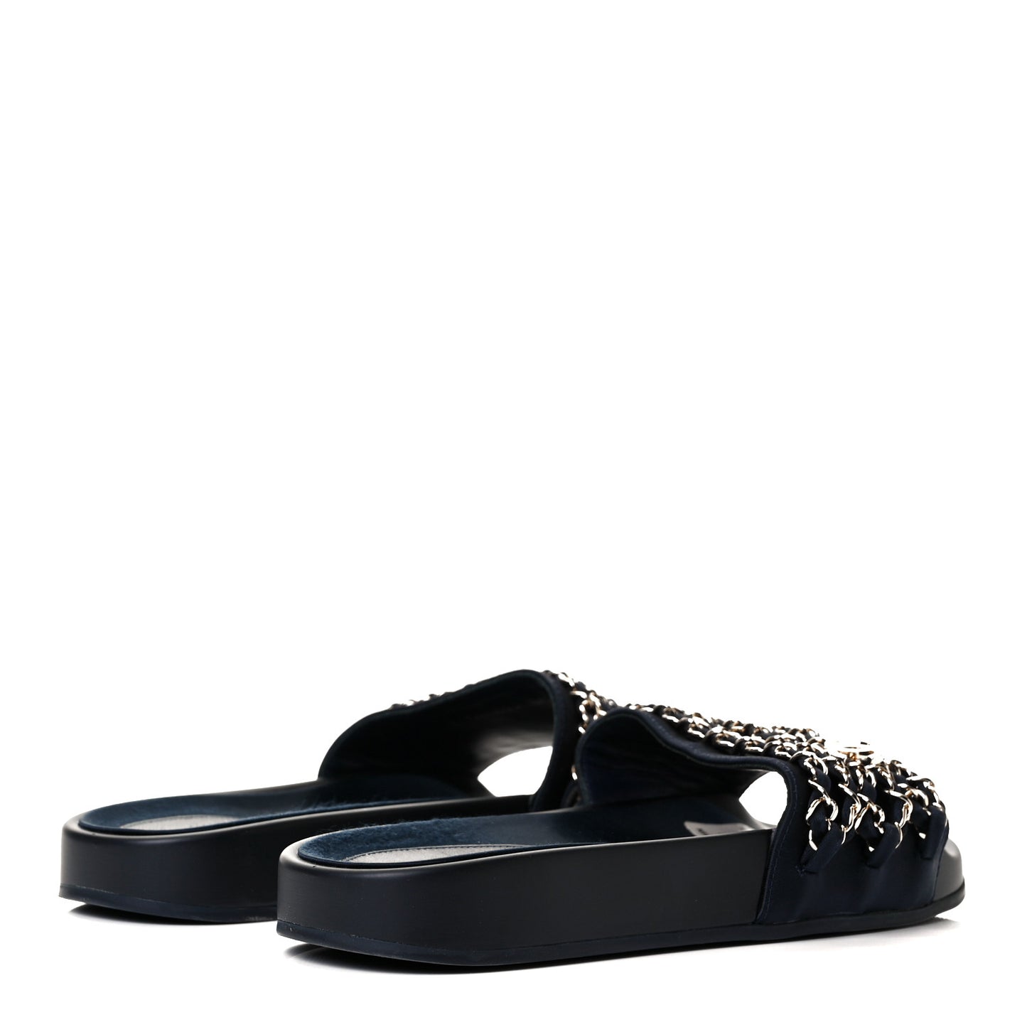 Satin Canvas Chain Slides Sandals Flats 36 Marine