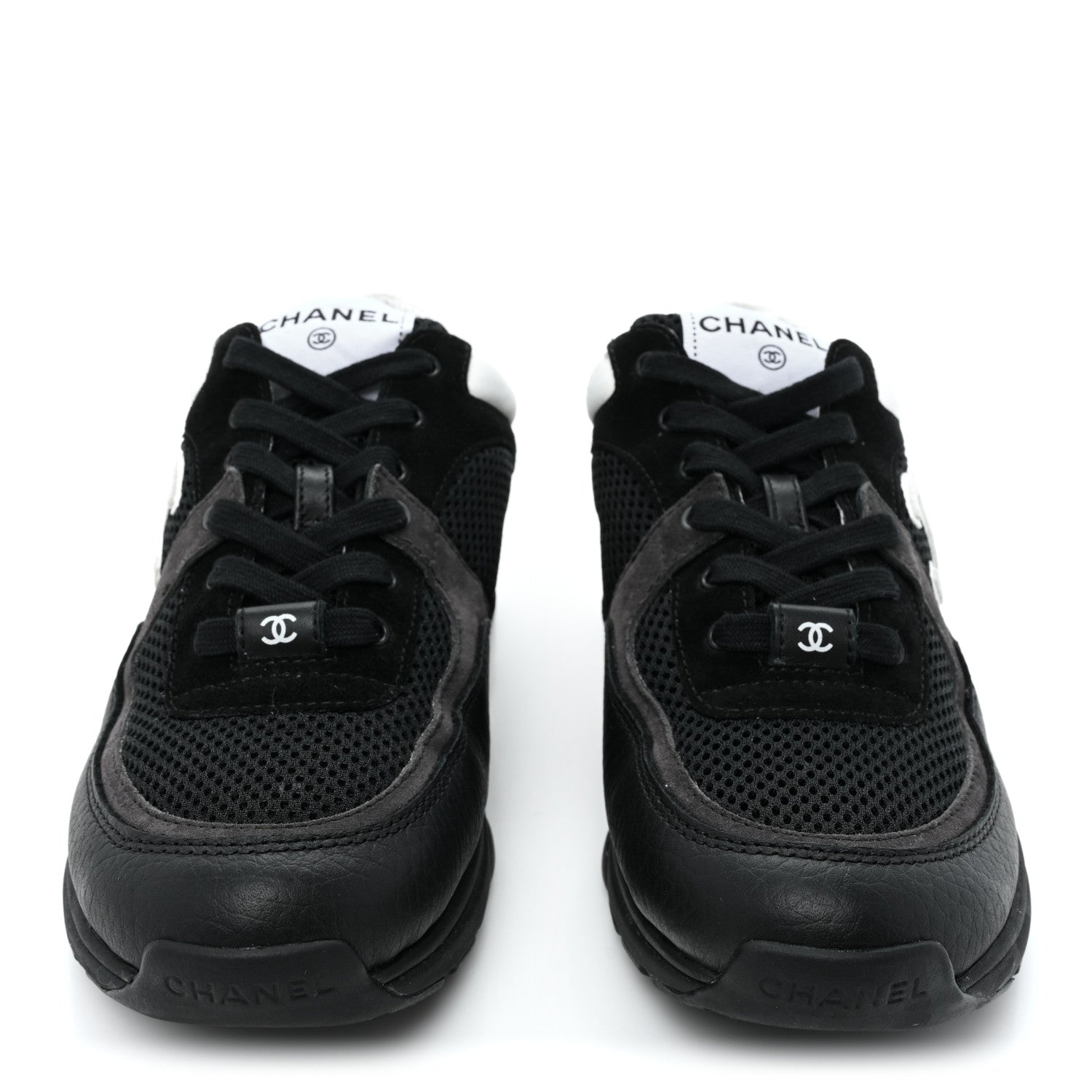 Chanel Mesh Suede Grained Calfskin Womens CC Sneakers 37.5 Black White 2 of 9