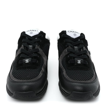 Chanel Mesh Suede Grained Calfskin Womens CC Sneakers 37.5 Black White 2 of 9