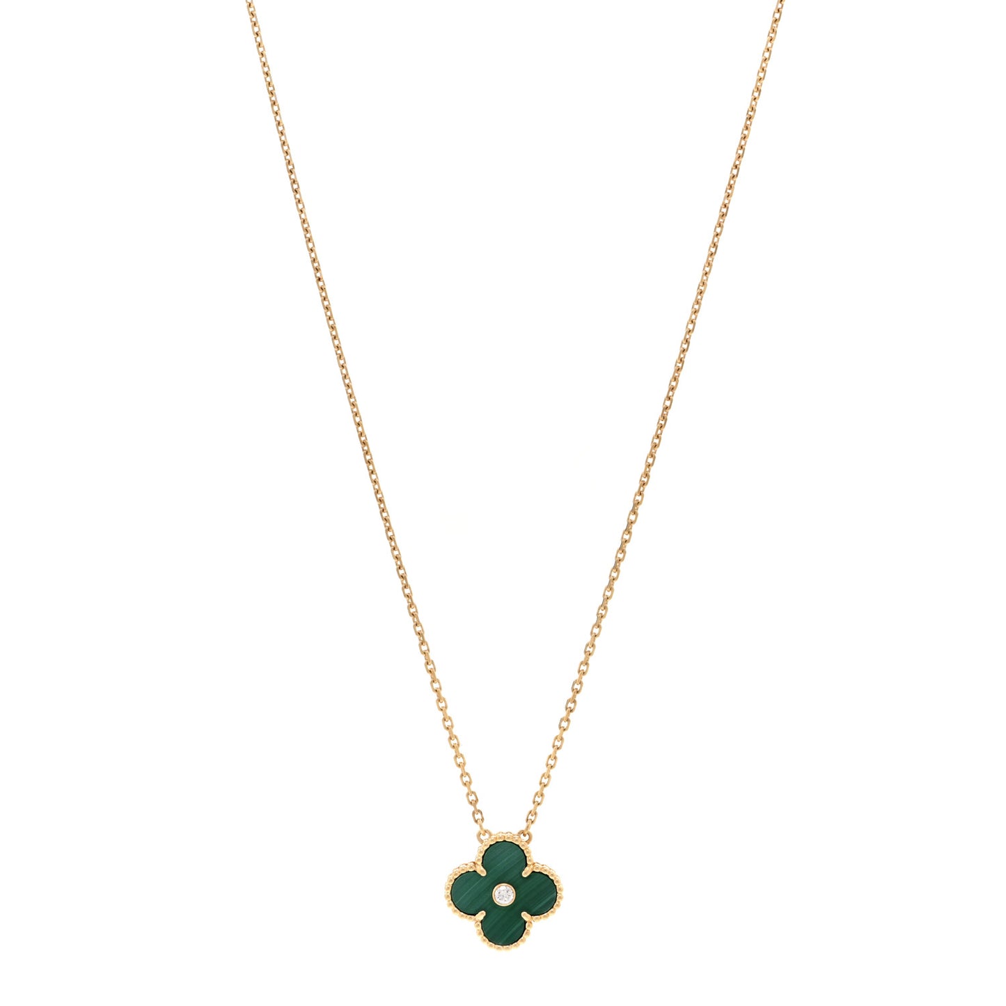 18K Yellow Gold Diamond Malachite Vintage Alhambra Pendant Necklace