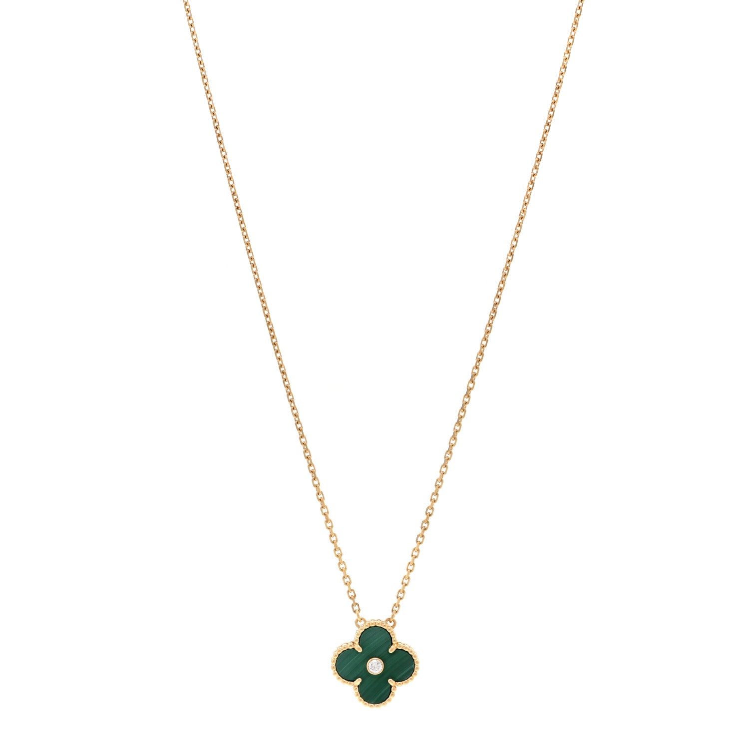 Van Cleef & Arpels 18K Yellow Gold Diamond Malachite Vintage Alhambra Pendant Necklace 1 of 6