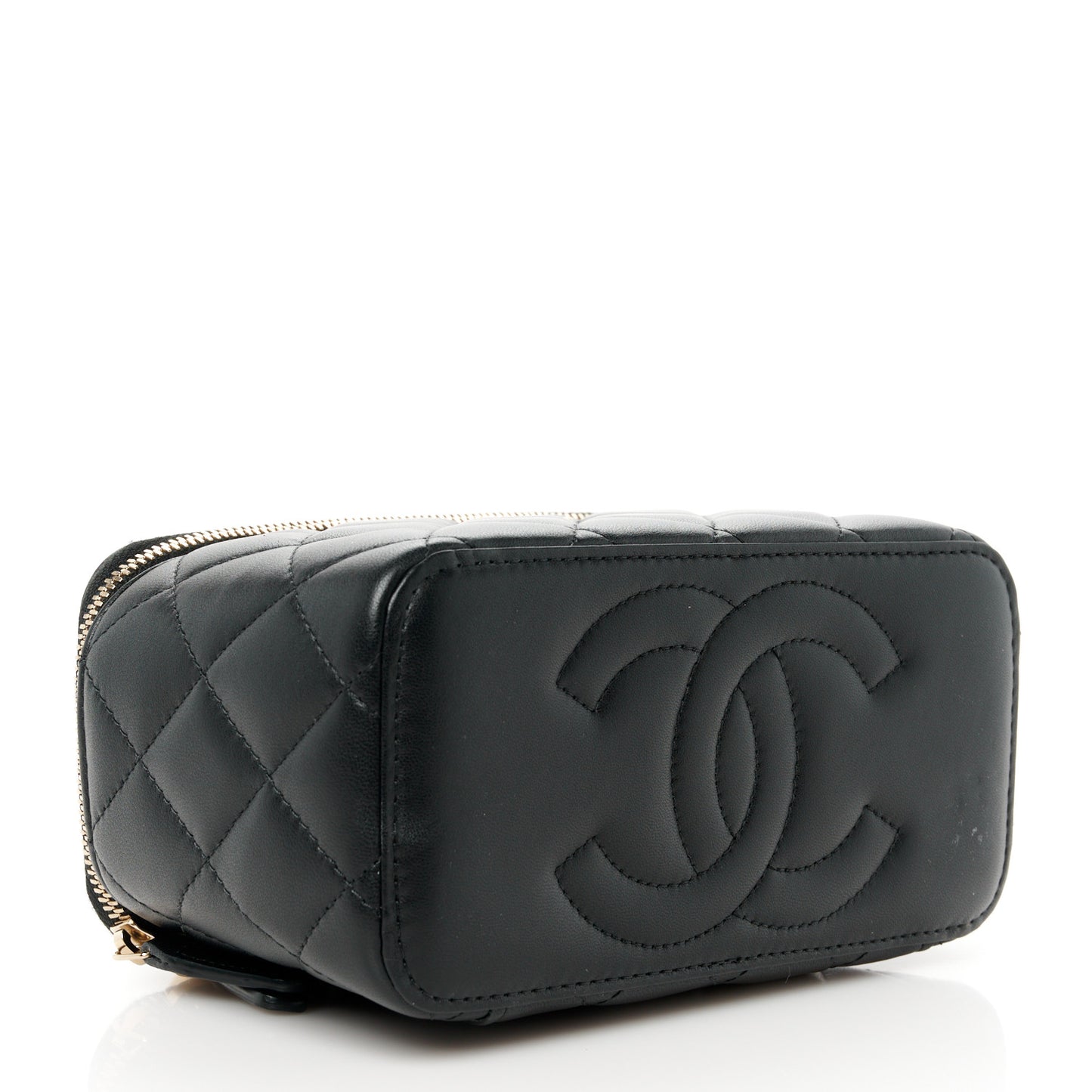 Lambskin Quilted Metal Small Top Handle Vanity Case With Chain Black