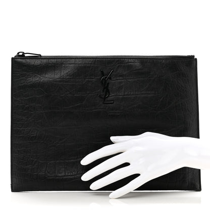 Saint Laurent Calfskin Crocodile Embossed Monogram iPad Case Black 2 of 8
