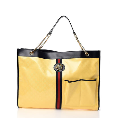 Gucci Crystal Monogram Maxi Rajah Chain Tote Straw Yellow Blue 2 of 10